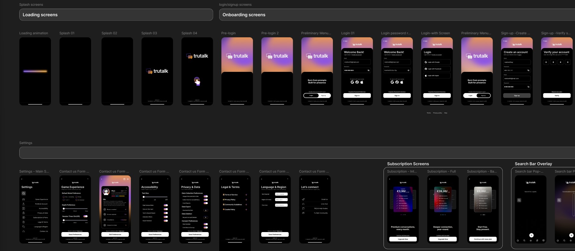 TruTalk - Figma wireframes, splash and onboarding screens