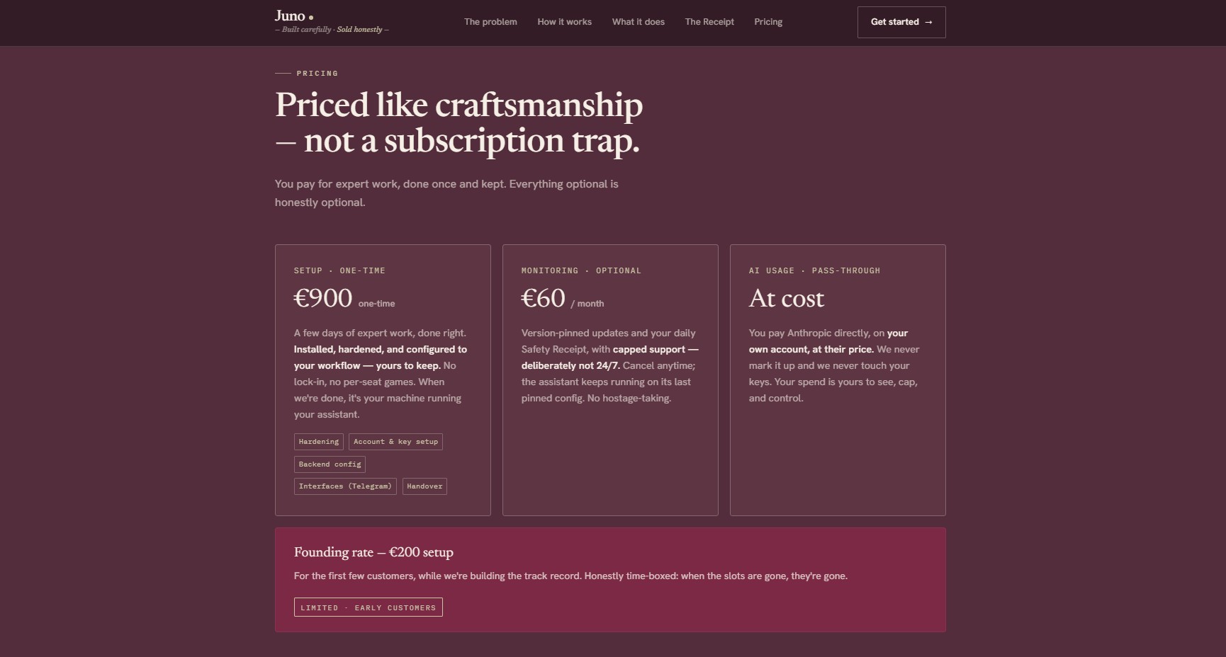 Juno - pricing section with three tiers