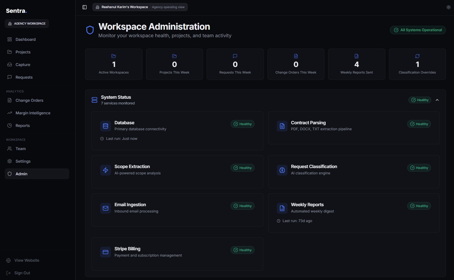 Sentra - workspace administration and system status